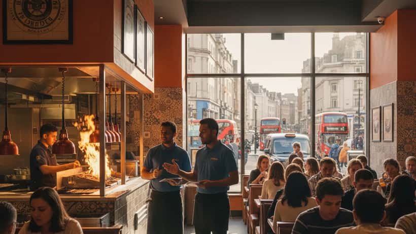 Nando's restaurant interior in London with staff and warm orange decor