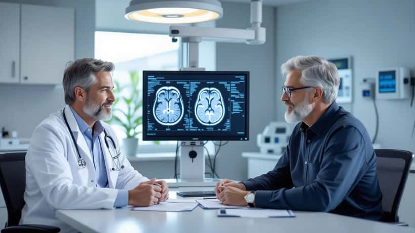Older man consulting with a neurologist examining a brain MRI scan in an Australian clinic