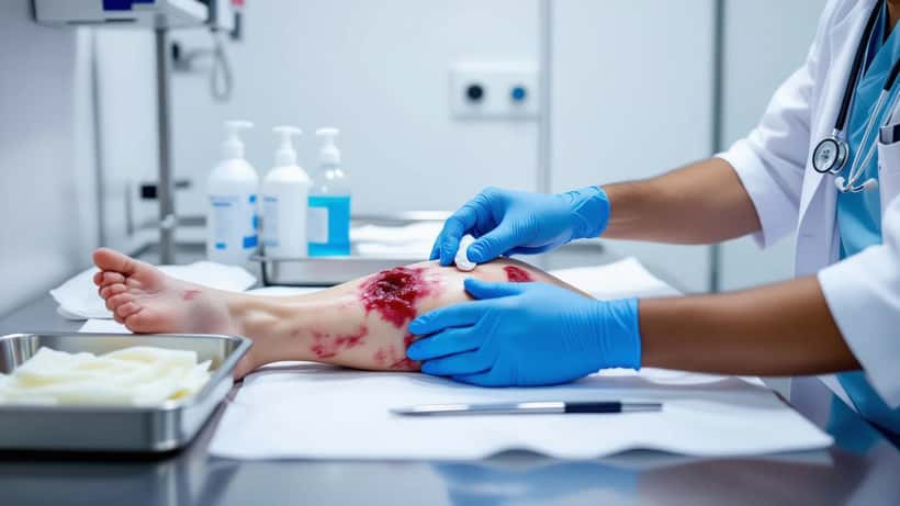 Médico examinando ferida infetada por bactéria Vibrio em doente em posto de saúde costeiro em Portugal
