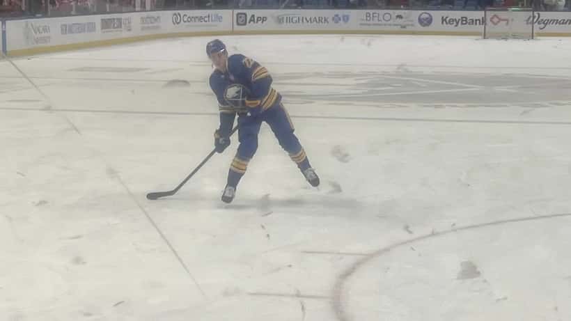 Jack Quinn skating for the Buffalo Sabres in 2024 after returning from Achilles injury