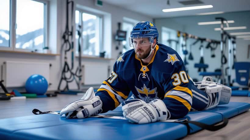 Ishockeymålvakt under rehabilitering med fysioterapeut