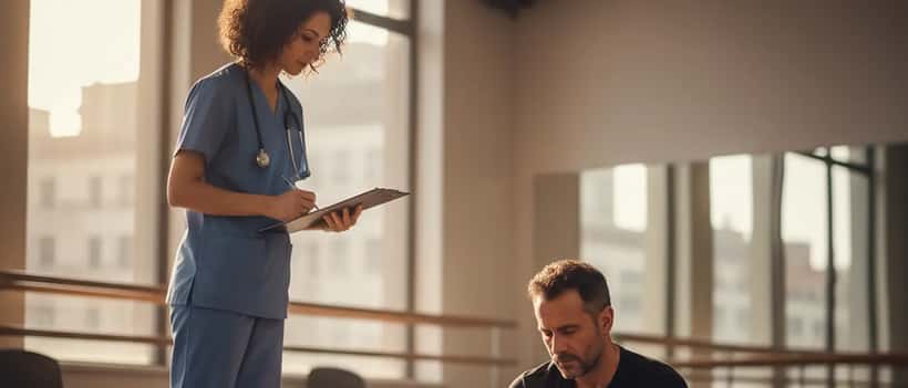 Danzatore professionista italiano che si allunga con cura in studio, medico dello sport al fianco