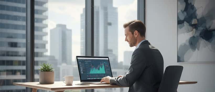Deutscher Vermögensberater analysiert Finanzdaten auf einem Laptop in einem modernen hellen Büro