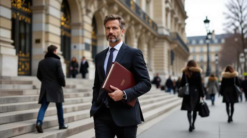 Avocat sortant du Palais de Justice de Paris avec des documents légaux