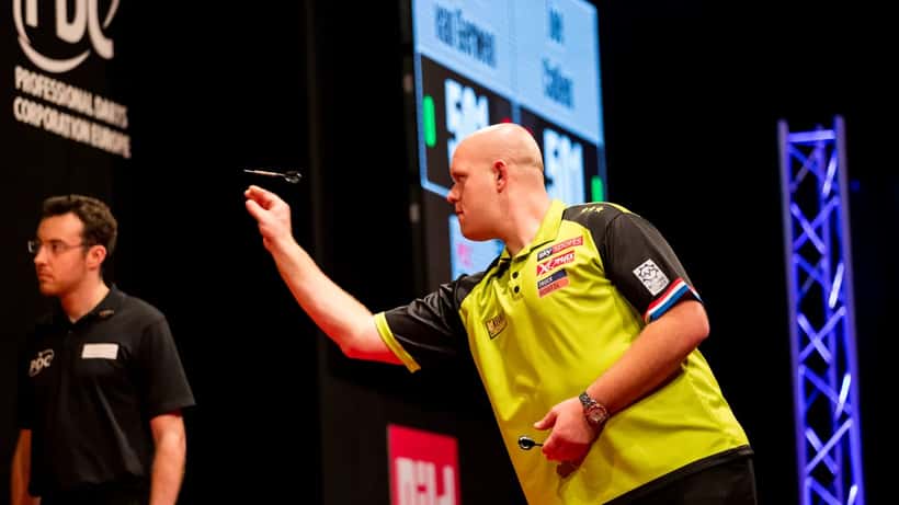 Michael van Gerwen throwing a dart at the PDC European Darts Matchplay