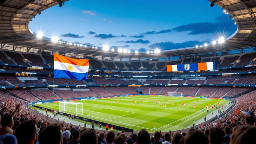 Dynamisch voetbalstadion met vlagkleuren van WK 2026 favorieten zoals Oranje, Frankrijk en Argentinië