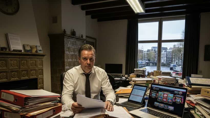 Advocaat bestudeert goksite-transacties en bankafschriften op een bureau in Amsterdam
