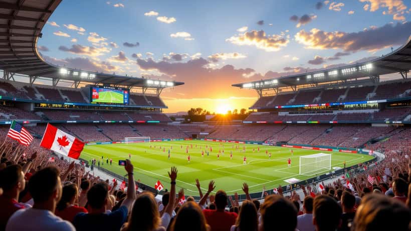Fotballstadion under FIFA VM 2026 med supportere og flagg fra USA, Canada og Mexico