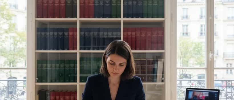 Femme juriste française consultant des documents légaux dans un bureau parisien moderne, lumière naturelle, affaire Ultia CNC 2026
