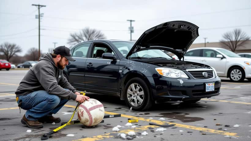 Mechanic inspecting hail dents on a car hood in Austin Texas after a storm