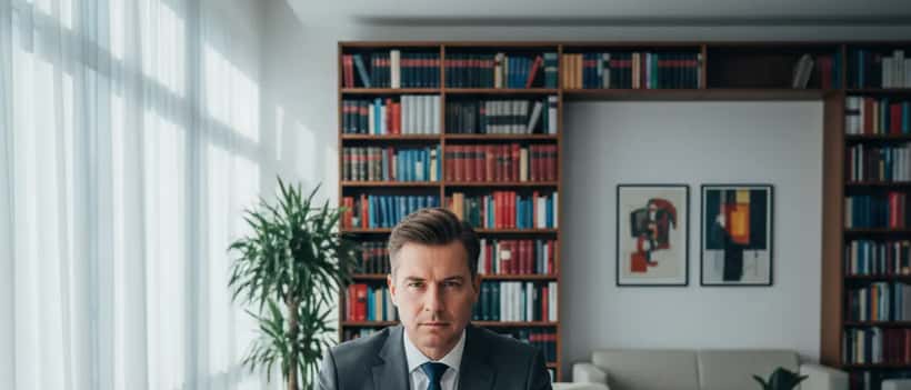 Deutscher Strafverteidiger prüft Rechtsdokumente in einem modernen Büro