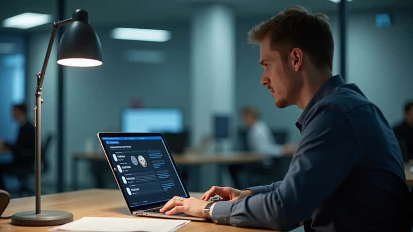 Junger Akademiker am Laptop prüft KI-Anwendungen und Bewerbungsunterlagen in modernem Büro