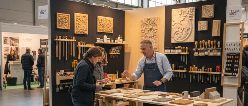 Artisan présentant des échantillons de rénovation à un couple lors d'une foire professionnelle à Lyon