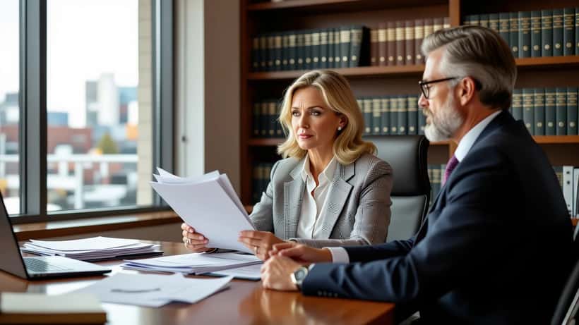 Canadian woman reviewing estate documents with an estate lawyer in a Toronto law office