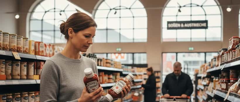 Deutscher Verbraucher liest im Supermarkt sorgfältig das Etikett einer Ketchupflasche