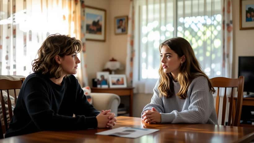 Parent having a supportive conversation with a teenager about mental health at home