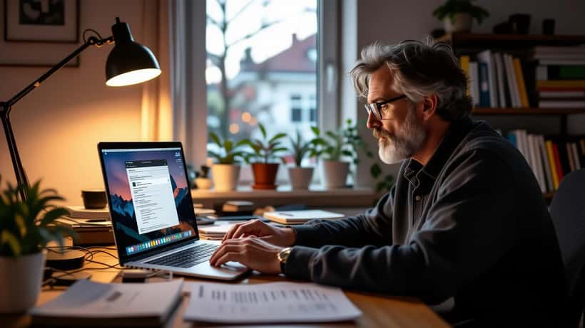 Homme consultant son patrimoine numérique sur ordinateur portable, profil streaming et documents succession