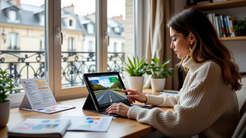 Jeune femme révisant le code de la route sur tablette avec une application mobile