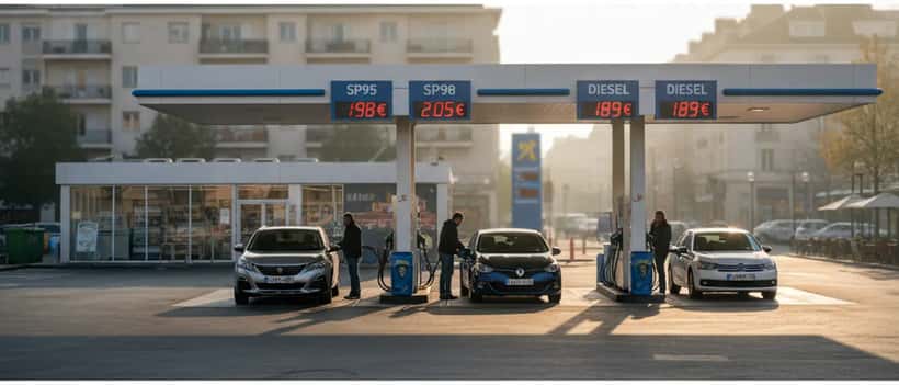 Station-service en France avec affichage de prix carburant élevés, voiture au plein