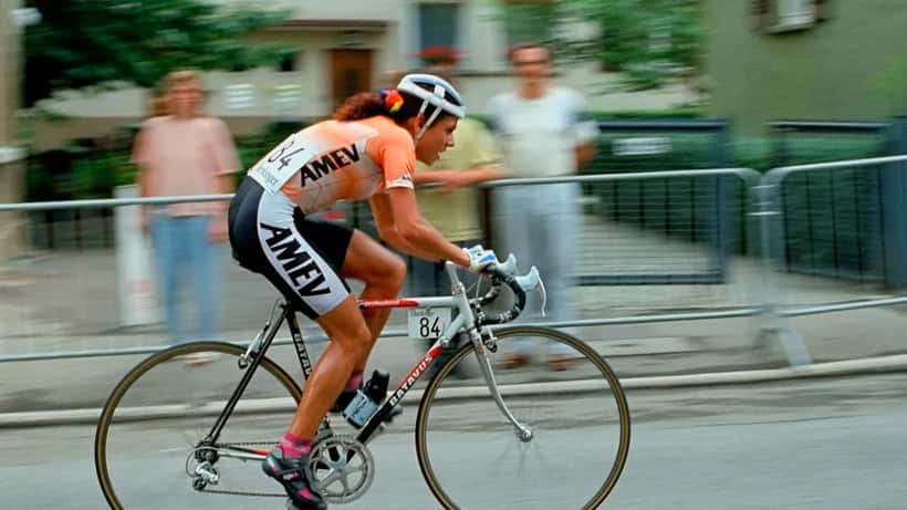 Leontien van Moorsel als wereldkampioene wielrennen in 1991