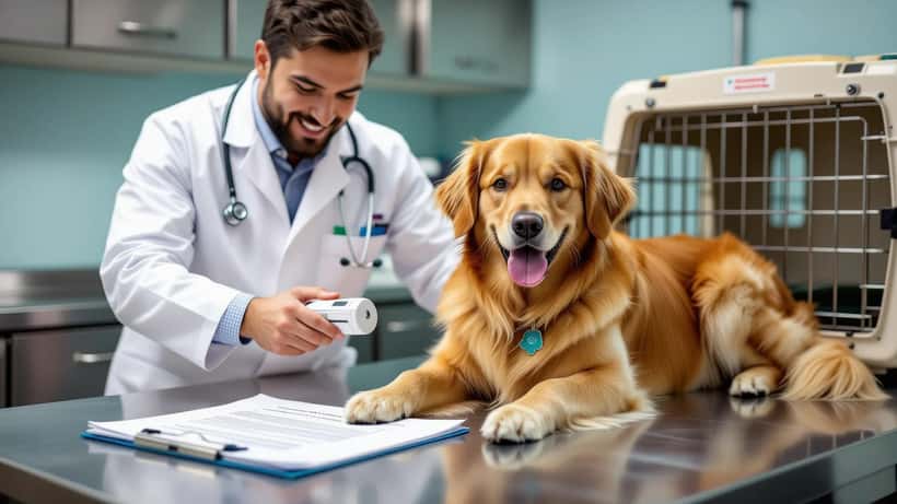 Veterinário examina cão e lê microchip ao lado de certificado internacional e caixa de transporte para viagem ao exterior