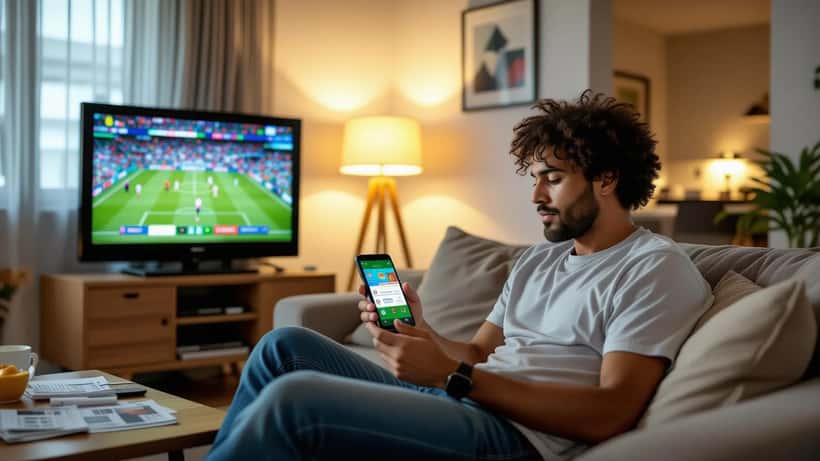 Homem brasileiro verificando resultados de apostas esportivas na Copa 2026 no celular com TV ao fundo