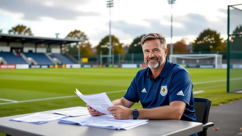Non-league club secretary reviewing FA Vase draw registration forms at a Midlands football ground