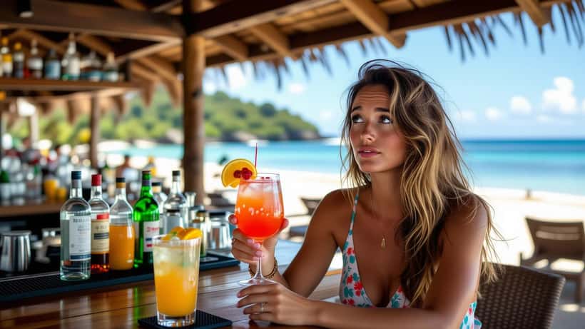 Tourist at a beach bar holding a cocktail glass with a worried expression, blurred hazy background