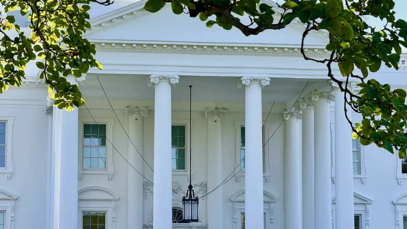 White House North Portico in Washington DC, seat of US presidential executive authority