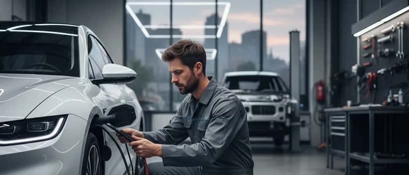 Mécanicien spécialisé véhicule électrique connectant un outil de diagnostic à une voiture électrique blanche en atelier