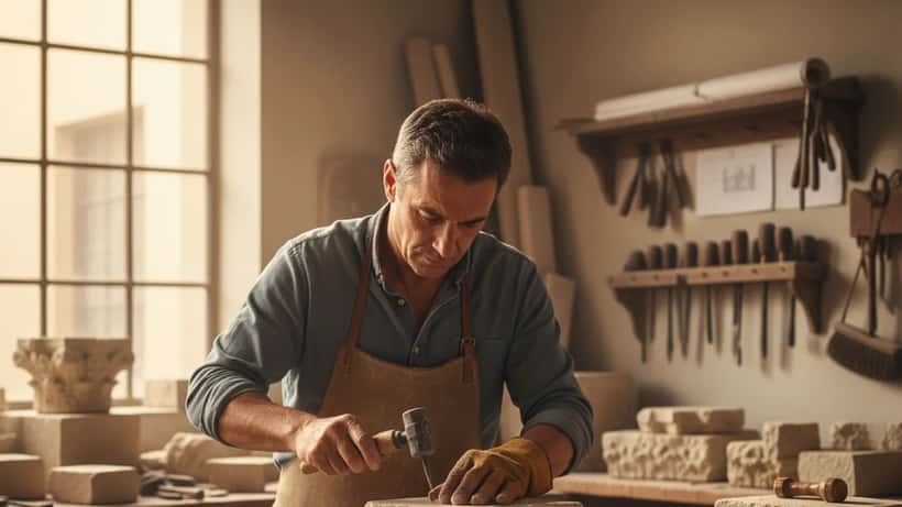 Artigiano italiano specializzato nel restauro del patrimonio storico lavora la pietra in un laboratorio fiorentino