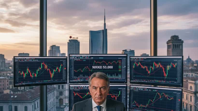Consulente finanziario italiano a Milano analizza grafici Nikkei e spread BTP su schermi multipli