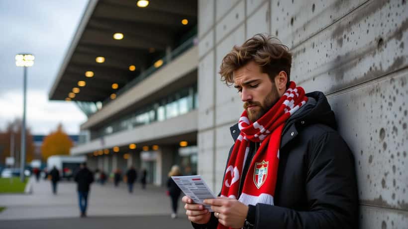 Adepto português do Torreense a verificar bilhete e cartão de embarque no exterior do estádio de Lillestrøm