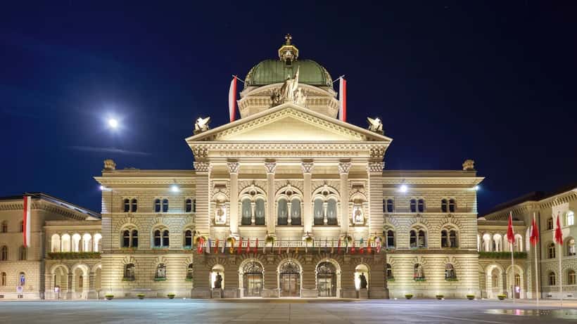 Le Palais fédéral à Berne avec les drapeaux suisses lors d'une votation