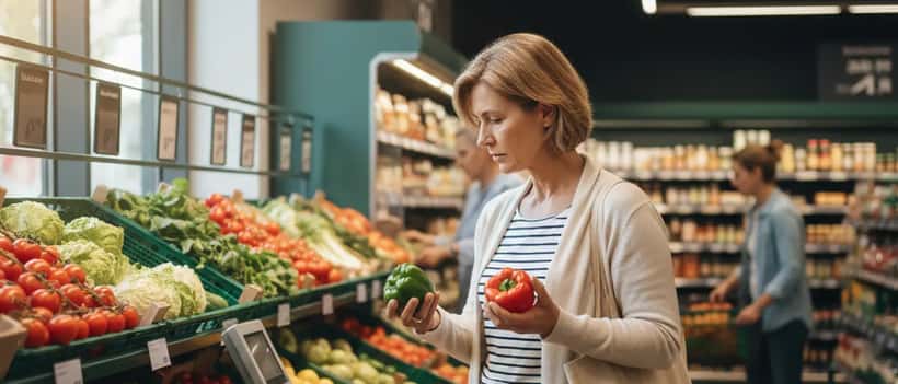 Frau wählt sorgfältig Gemüse im Supermarkt aus und vergleicht Preise