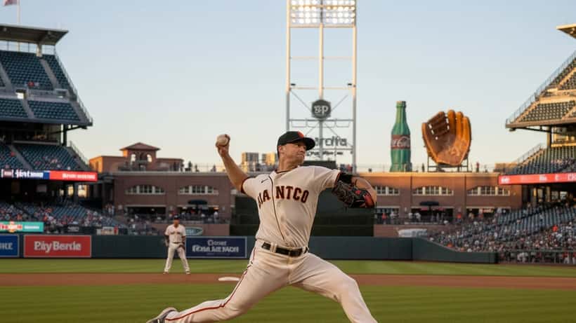Left-handed baseball pitcher in full throwing motion at Oracle Park San Francisco, focus on elbow mechanics