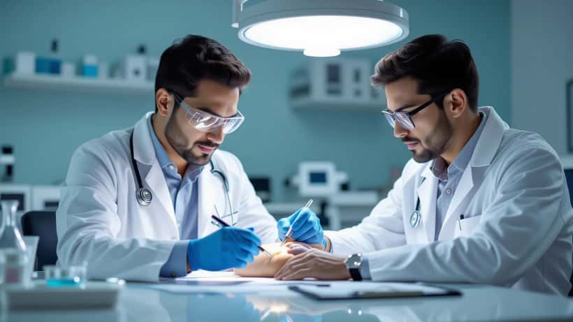 Dermatóloga examinando lesiones de hidradenitis supurativa en paciente hispano en clínica de Dallas