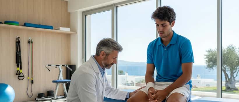 Medico sportivo esamina il ginocchio di un tennista in una clinica moderna