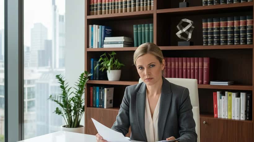 Deutsche Anwältin begutachtet Unterlagen zu Arbeitsrecht und Belästigung am Arbeitsplatz