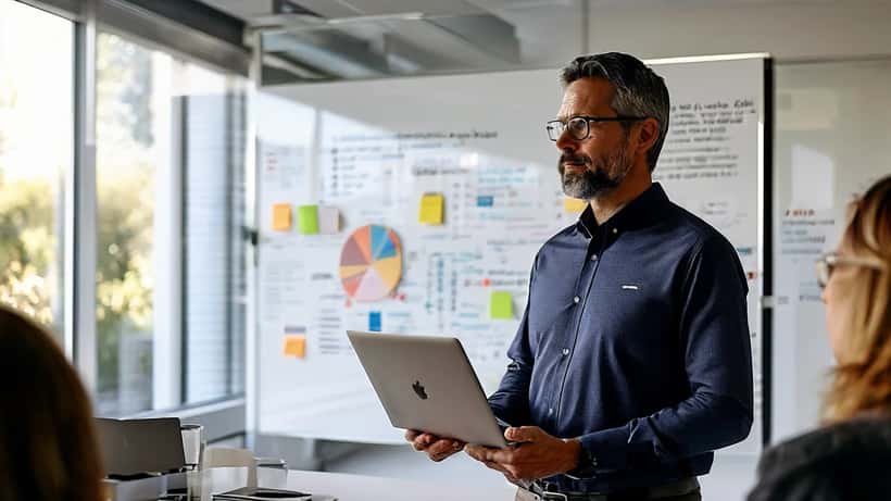 IT-rådgiver gennemgår Apple-enheder og teknologistrategi på kontor