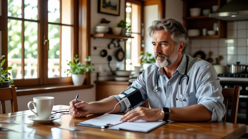 Homem português com tensiómetro no braço e chávena de expresso na mesa, luz natural da manhã