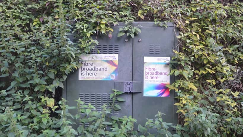 Openreach fibre broadband street cabinet in a UK rural setting