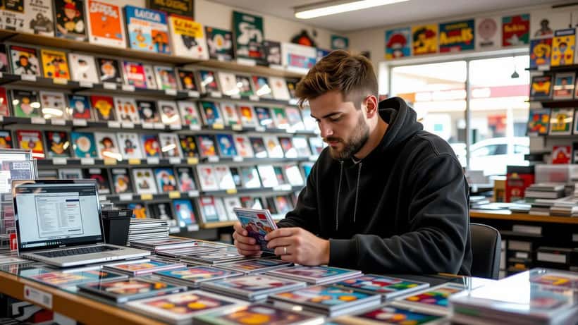 Collector examines holographic trading card in PSA grading slab at Sydney hobby shop with booster packs and price chart on laptop