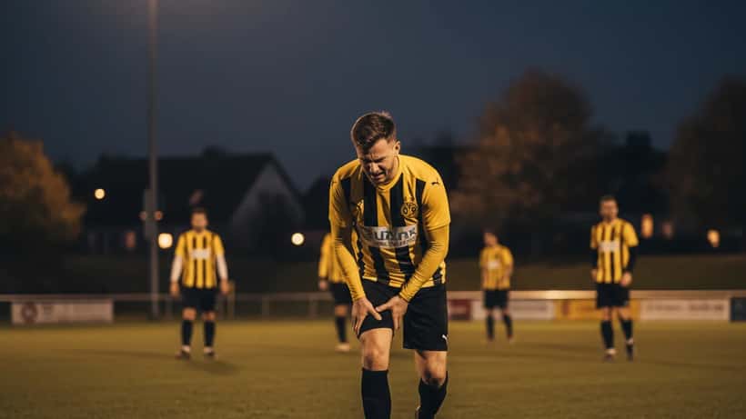 Deutscher Amateurfußballer hält sich nach einer Muskelverletzung den Oberschenkel auf einem Rasenplatz in Dortmund