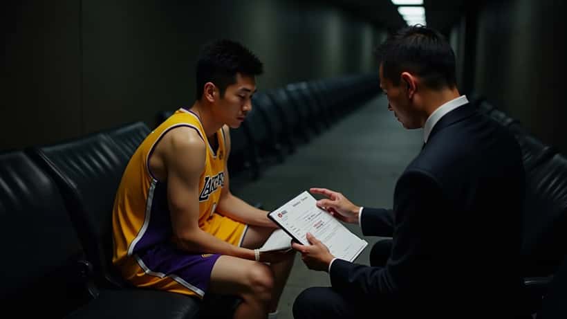 NBA player reviewing contract documents with financial advisor in a stadium tunnel, Lakers arena setting