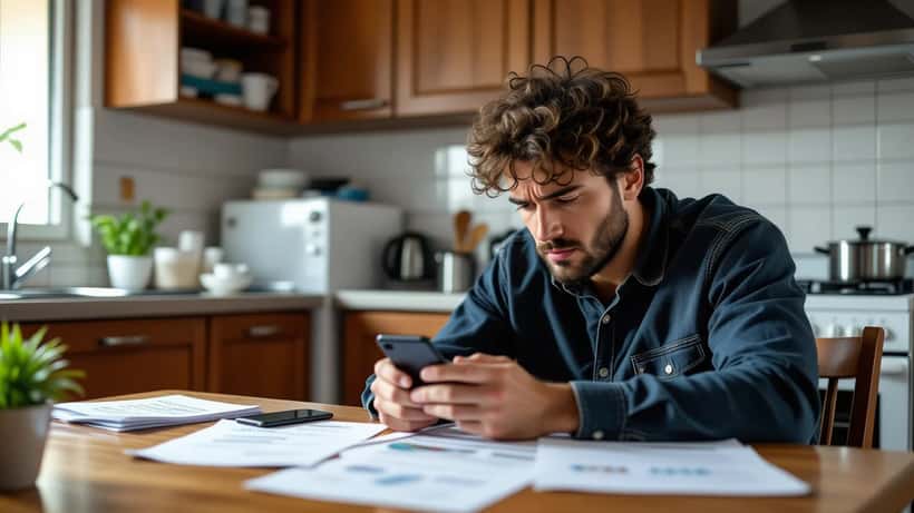 Homem brasileiro olhando para smartphone com mensagem de conta bloqueada em plataforma de apostas online