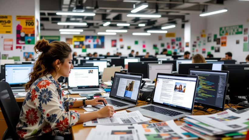 Jornalista brasileira em redação de São Paulo analisando analytics de queda de tráfego causada pelo Google AI Overviews em 2026