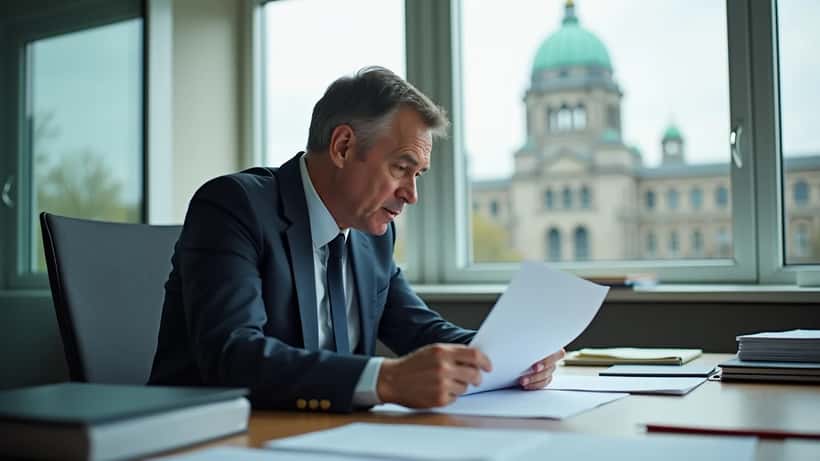 Mann prüft Arbeitsvertrag in Berliner Büro mit Blick auf den Bundestag