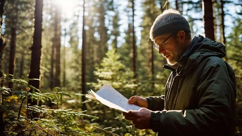 Suomalainen mies tutkii metsää asiakirjojen kanssa boreaalivyöhykkeen männikössä