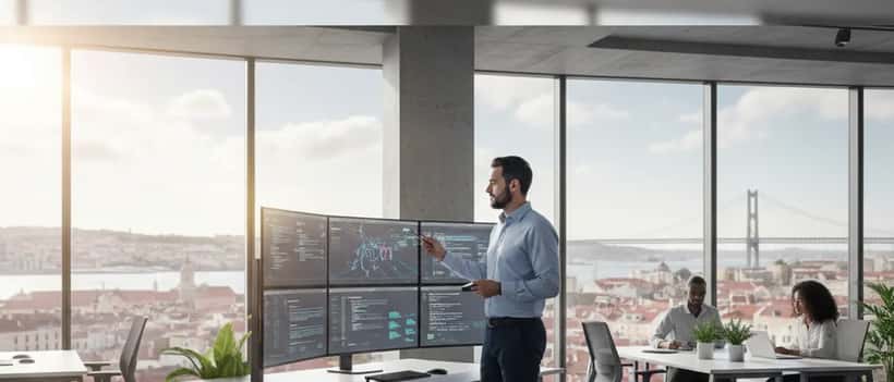 Técnico de IT português a trabalhar em diagnóstico de rede num escritório moderno